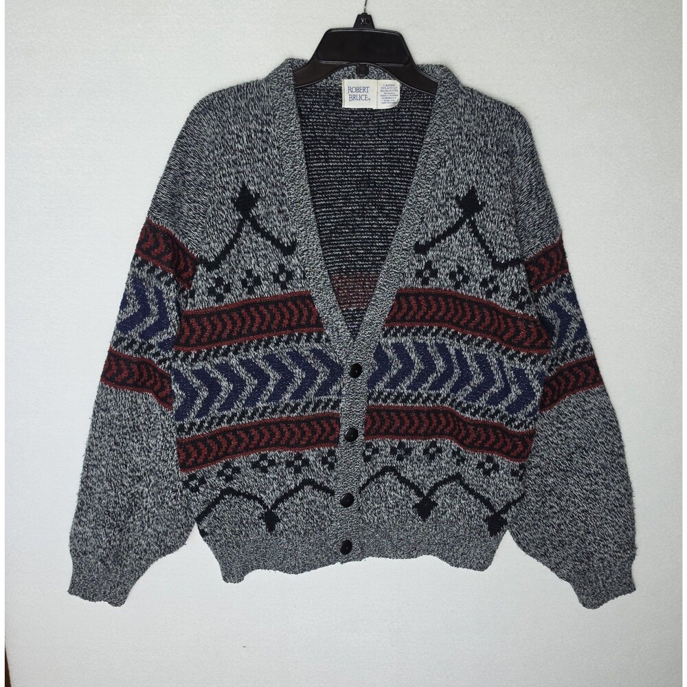 Vintage Robert Bruce Cardigan Sweater Button Pattern Gray Grandpa Mens Large